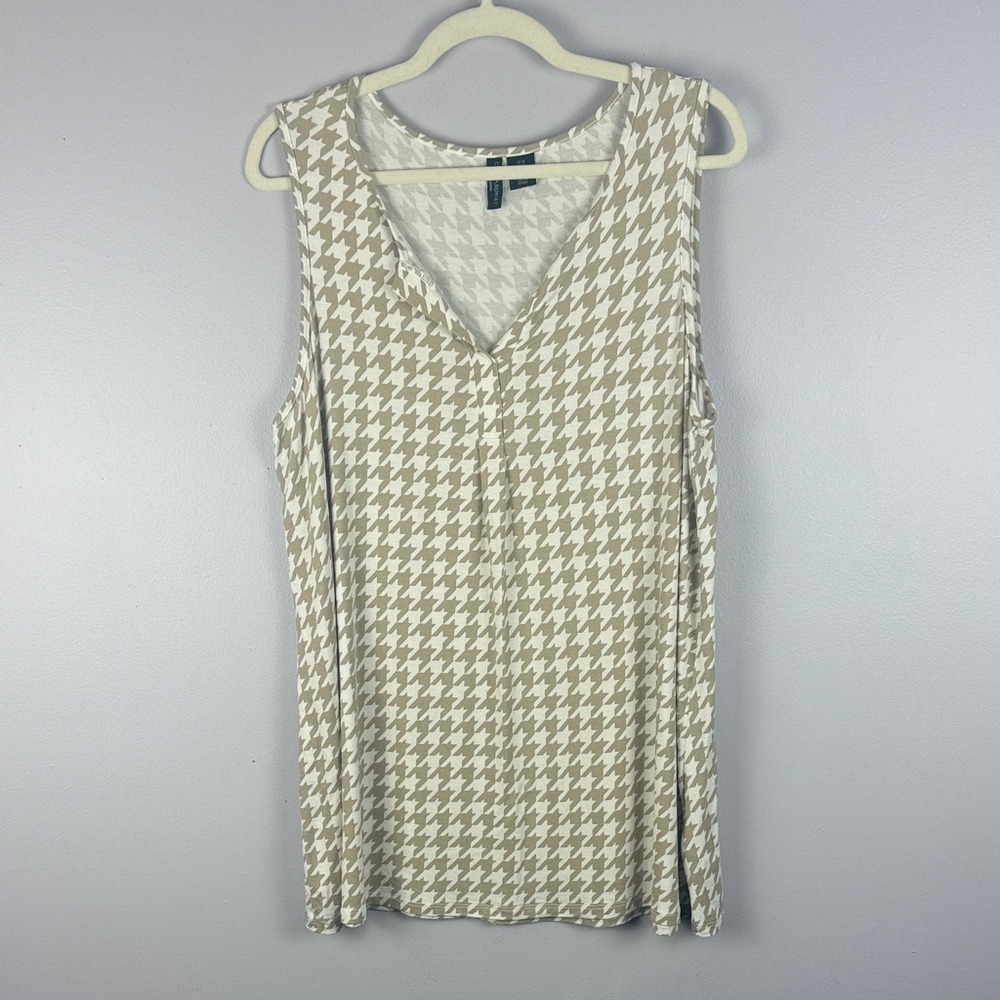 Cynthia Rowley Casual Tan & White Houndstooth Split Neck Tunic 1X Tank Top - Picture 2 of 8